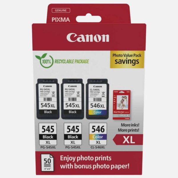 Canon PG-545XL CL-546XL Multipack de 3 Cartuchos de Tinta Originales + 50 Hojas de Papel Fotografico - 8286B015